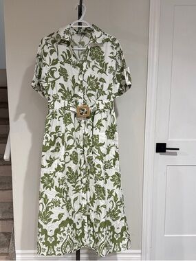 All-Over Floral Print Poplin Shirt Dress with Belt | EUR 40 | Green & White